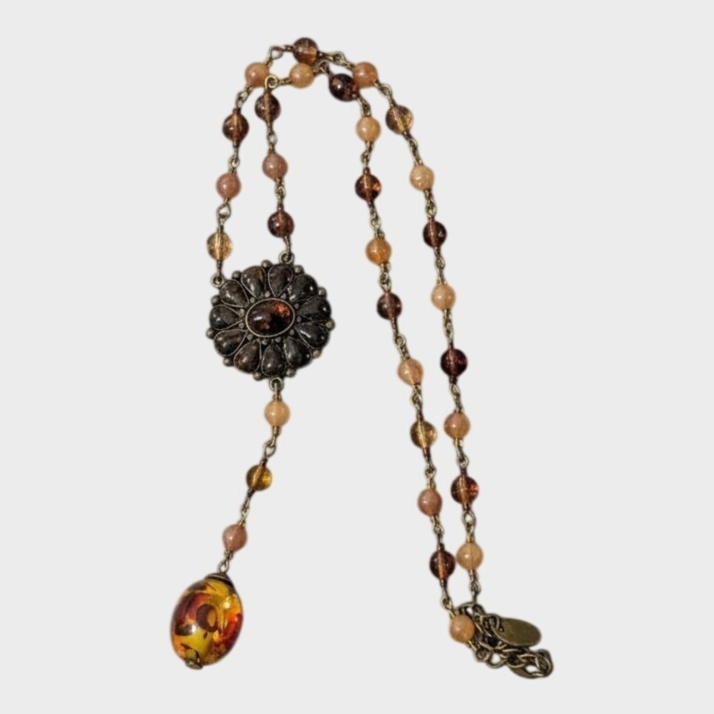 Amber Lucite Beaded Pendant Necklace adjustable 22 in Floral‎ Metalwork